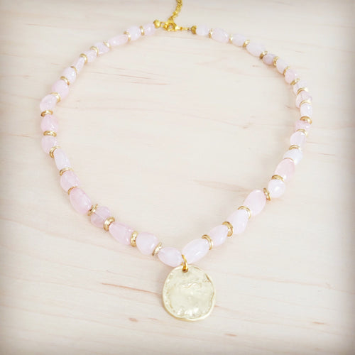 **Rose Quartz Collar Necklace w/ Gold Coin Charm 263h