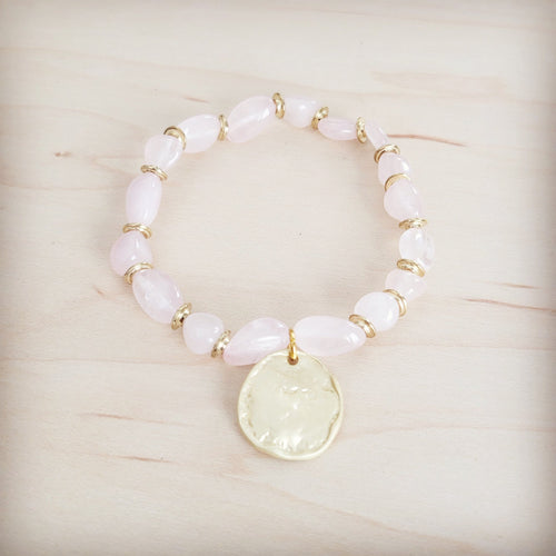 **Rose Quartz Beaded Stretch Bracelet w/ Gold Coin Charm 811u